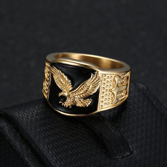 3/$35 Men’s Gold Plated Black Eagle Ring Stainless Steel Punk Statement Jewelry - Picture 5 of 5